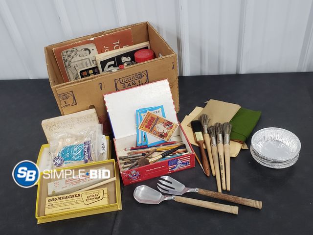 Lot 58-80021 - Box of Misc. Arts and Craft Supplies - Paintbrushes, Felt. Popsicle Sticks and More! - Used