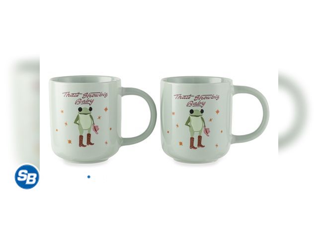 Lot 58-54687 - New Thyme &amp; Table 2 Pack That's Showbiz Baby Frog in Boots Mugs 16.2 fl oz, Stoneware