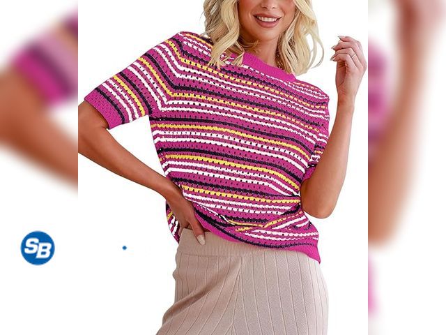 Lot 58-40627 - New Allimy Womens Crewneck Short Sleeve Striped Multicolored See Through Knit Hollow Out Stripe Tee ...