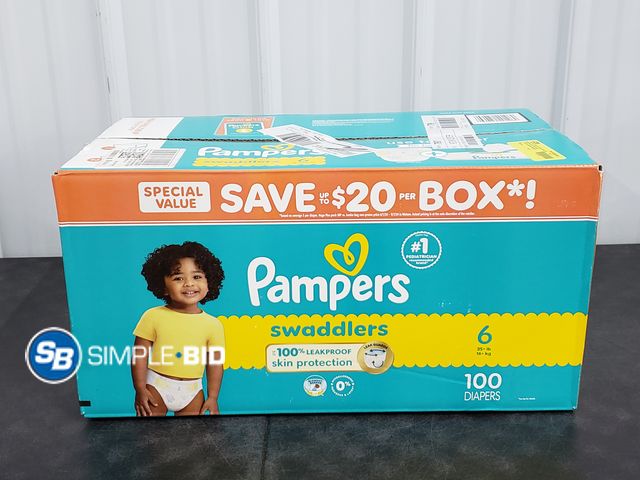 Lot 58-54094 - DIAPERS! New Pampers Swaddlers - SIZE 6 - 35+ 100 in box
