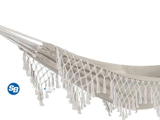 Lot 58-17750 - New Bliss Hammocks BH-400WFRCA Polyester Hand-Braided Hammock in a Bag Decorative Fringe, Natural Br...