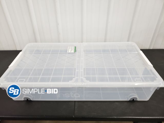 Lot 58-52180 - Instaview 57 Quart Latching Dual Hinged Lid - Rolling wheels Container - one Latch Broke and hinge c...