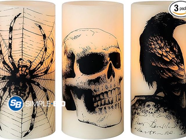 Lot 58-32505 - New Eldnacele Halloween LED Flameless Flickering Candles Battery Operated with 6H Timer Skull Spider...