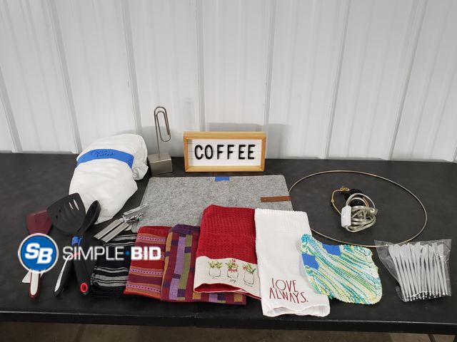 Lot 58-75869 - Lot of Kitchen Items- Decorative Coffee Sign, Can Opener, Utensils, Hand Towels and More!