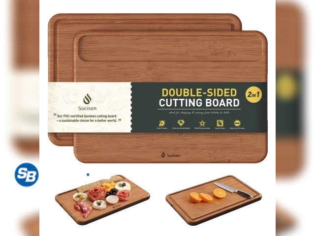 Lot 58-57780 - New Socisen Extra Large Bamboo Cutting Board Set Over Sink Nice Solid Thick Wood Juice Groove Choppi...