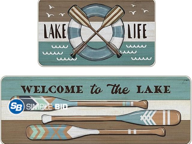 Lot 58-38482 - New Lake Life Spring Summer Boat Paddle Kitchen Rugs Set of 2, Welcome to The Lake Lakehouse Stripes...