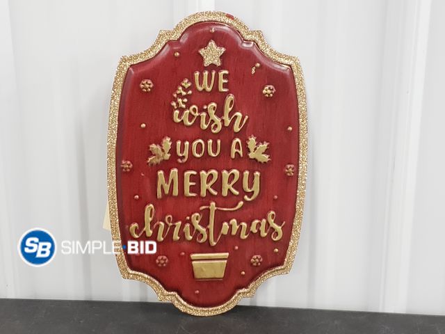 Lot 58-39765 - New Metal We Wish you a MERRY CHRISTMAS sign Glittery gold on the sides