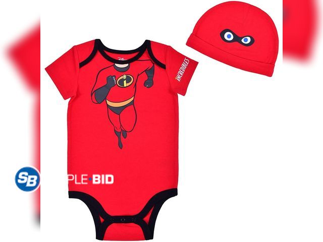 Lot 58-31825 - New Disney Babys Short Sleeve creeper with Cap, The Incredibles Costume, Romper Set, Red, Size 24M