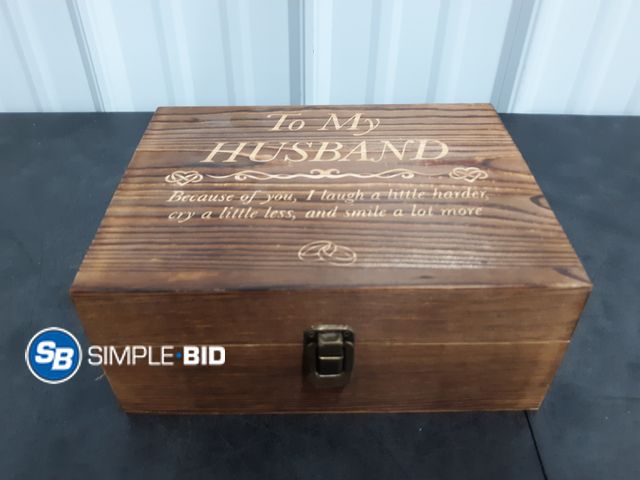 Lot 58-73767 - To my HUSBAND Carved wooden Whisky Box with Glasses, Stones, -- Because of you, I laugh a little har...