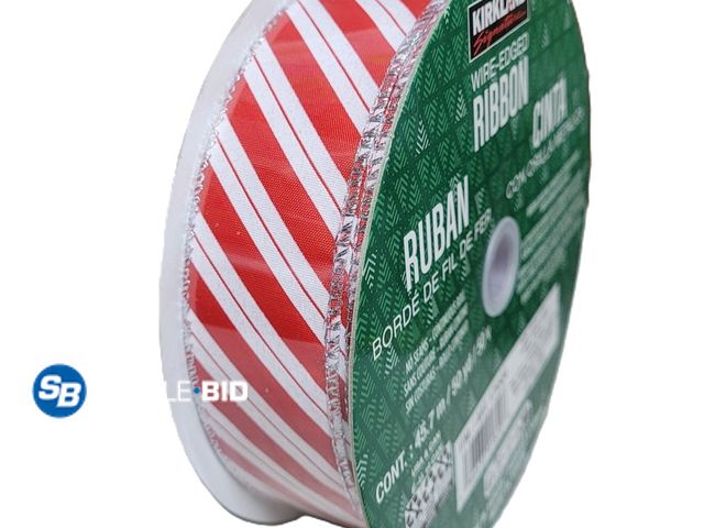 Lot 58-33335 - New Kirkland Wire Edged Candy Cane Stripe Holiday Ribbon Silver Edge 50yd X 1.5in