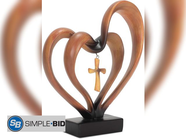 Lot 58-21063 - New Dicksons It Takes Three Heart and Cross Brown 8.5 x 9.5 Resin Stone Pedestal Table Top Decoratio...