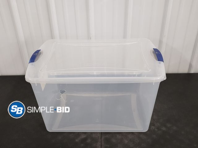 Lot 58-41236 - New Sterilite Large Storage Bin, 66 Quart Clear Plastic Storage Container with Latch Lid, Blue (does...
