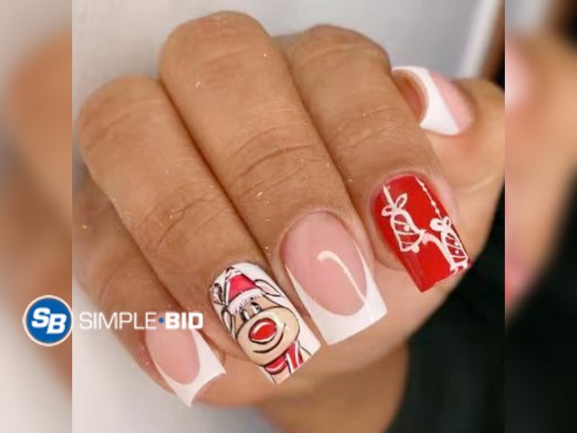 Lot 58-57267 - New Christmas Press on Nails Medium Square Fake Nails Red Pink Full Cover Nails with White French Mo...