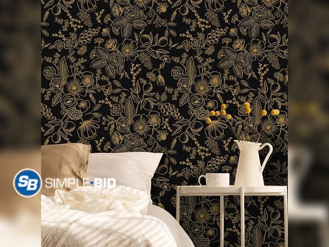 Lot 58-32095 - Lot of (2) New Ismoon Peel &amp; Stick Wallpaper - Black &amp; Gold Floral Vintage Leaf Removable Wa...