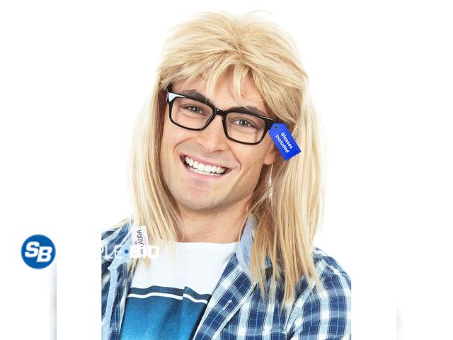 Lot 58-81084 - Lot of (2) New ALLAURA Compatible with Garth Wig – Blonde Mullet Wig + Black Glasses for Men – 80s 9...