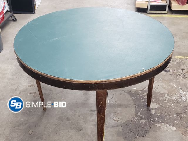 Lot 58-72829 - Round Wooden Table with Green Canvass Type Materia on Top - Folding Legs - 4 Ft. Round - Used