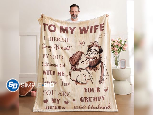 Lot 58-77010 - New To my WIFE... Cozy fleece and sherpa throw blanket 50" x 60" --- From you GRUMPY husband