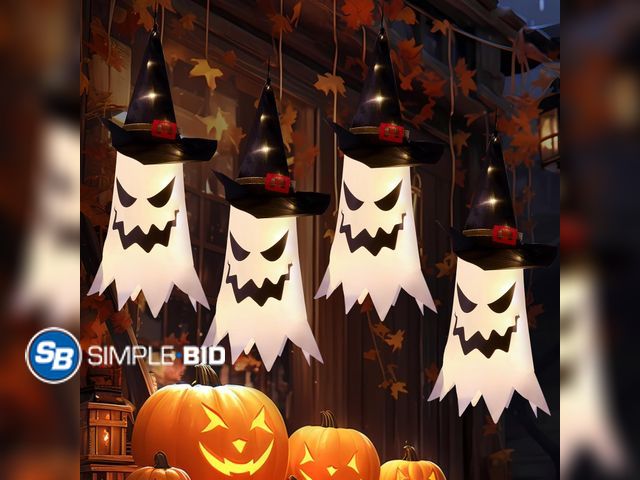 Lot 58-74330 - Lot of (8) New Halloween Decorations Outdoor Halloween Decor Hanging Outdoor Glowing Ghost Witch Hat...
