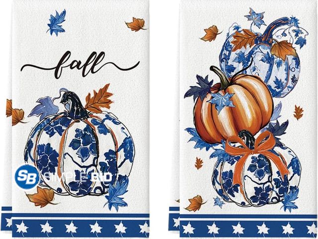 Lot 58-60148 - Set of (2) New Artoid Mode Blue Pumpkin Fall Kitchen Towels Dish Towels, 18x26 Inch Farmhouse Maple ...