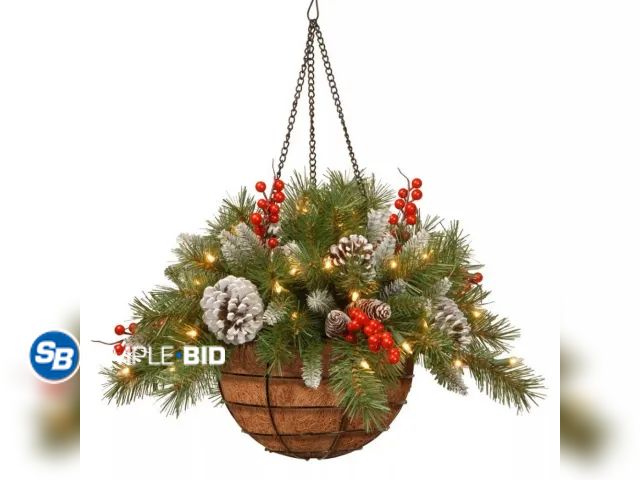 Lot 58-32094 - New Artificial Christmas Hanging Basket, Decorated with Pine Cones, Berry Clusters, LED White Lights...