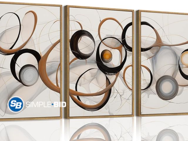 Lot 58-57059 - New 3 Piece Large Abstract Canvas Wall Art For Living Room Brown and Black Circles Lines Geometric F...