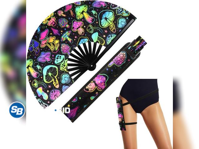 Lot 58-84232 - New FairySandy Large Rave Fan UV Glow Clack Summer Hand Fan with Thigh Holster for Women Carnival Pa...