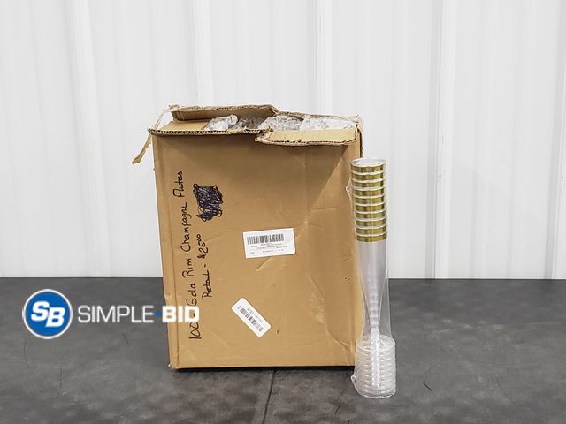 Lot 58-75756 - Plastic Champagne Flutes 100-Pack - Clear with Gold Rim