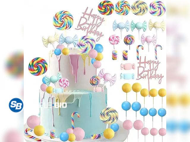 Lot 58-58558 - New 32 PCS Candyland Cake Toppers, Colorful Candy Cake Toppers with Lollipop for Cake Decoration Swe...