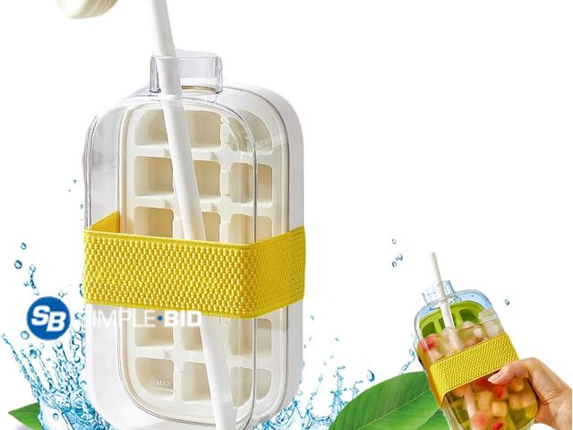 Lot 58-50634 - New 2-in-1 Ice Cube Bottle with Straw - Easy Press Ice Tray Water Bottle, Leak Proof Lid, Vertical I...