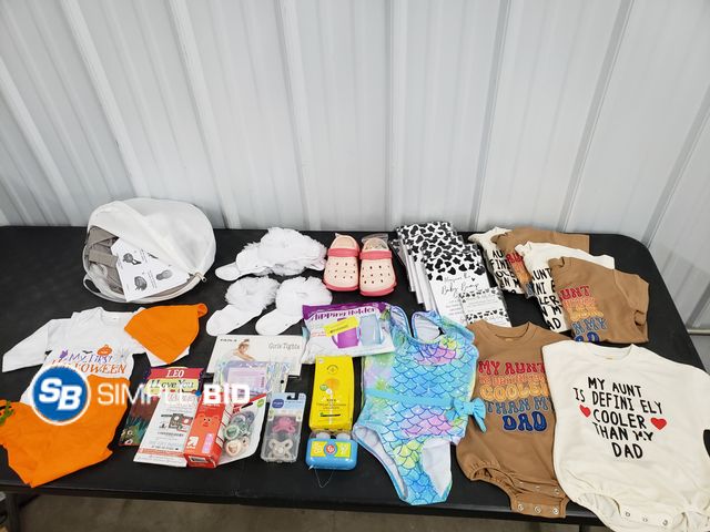 Lot 58-80558 - Lot of INFANT and Toddler items including Toys, Clothing, Baby Shower invites, and more - appears un...