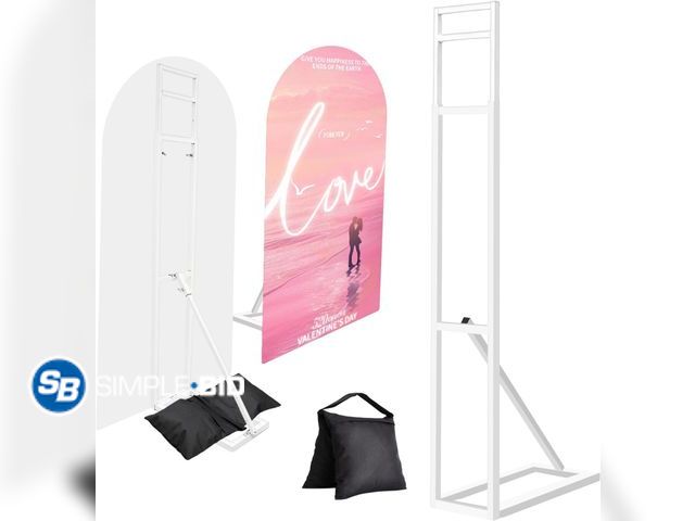 Lot 58-75705 - New White Wedding Backdrop Stand, Adjustable Metal Arch with Foldable Base and Weight Bag, Foam Boar...