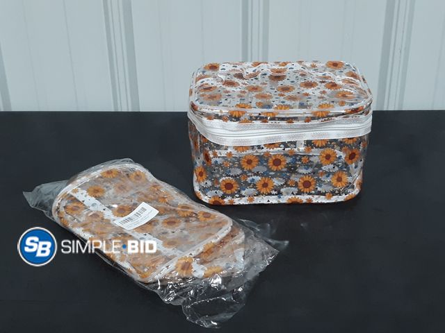 Lot 58-35095 - Lot of (2) Clear Printed Sunflower Cosmetic Bag and Travel Pouch with Handle-Durable PVC Material,Ve...