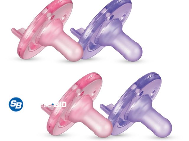 Lot 58-21633 - New Philips Avent Soothie Pacifier, Pink/Purple, 0-3 Months, 4 Pack