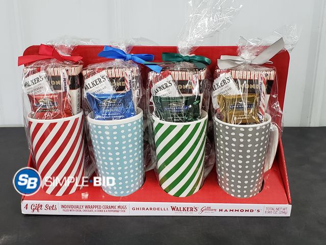 Lot 58-71758 - GIFT SET!!! Set of (4) Indvidually Wrapped Ceramic Mugs filled with cocoa, Chocolate (expired) - Sup...