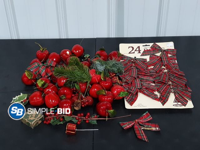 Lot 58-28940 - Lot of Misc. Holiday Decorations - Christmas Bows, Mistletoe, and Mini Apples