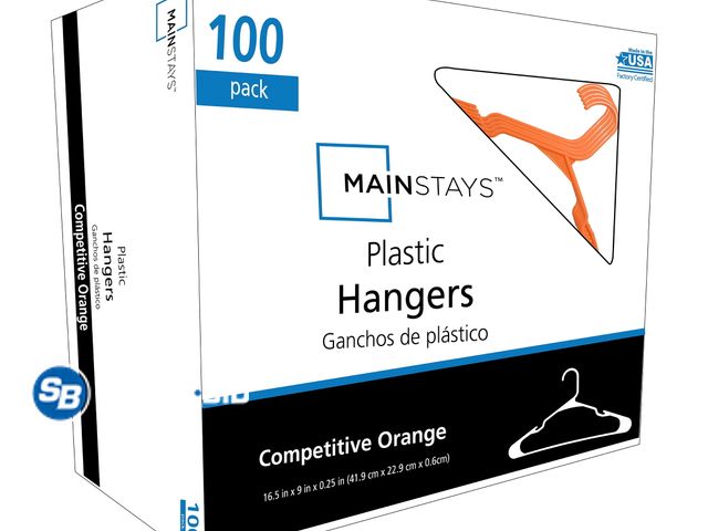 Lot 58-57908 - New Mainstays Plastic Notched Adult Hangers for Any Clothing Type, Competitive Orange 100 Count
