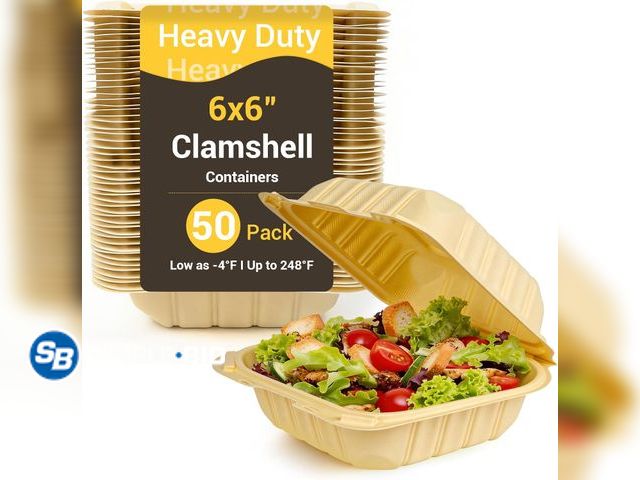 Lot 58-83127 - New  6x6in Compostable To Go Food Containers, 50Pack Bamboo-Powder Clamshell Take Out Containers, He...