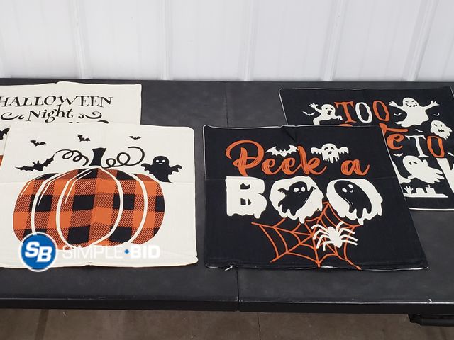 Lot 58-77187 - New  farmhouse halloween throw pillow covers 18x18" set of 4 black orange buffalo plaid pumpkin truc...