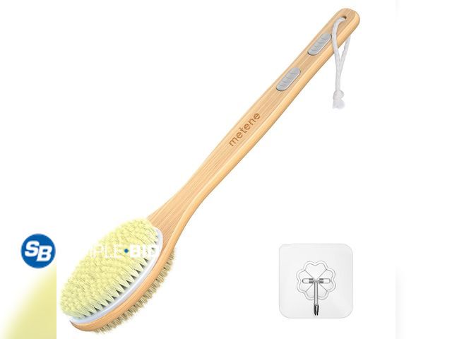 Lot 58-66764 - New Metene Bamboo Shower Body Exfoliating Brush, Bath Back Cleaning Scrubber with Long Handle, 1 Hoo...