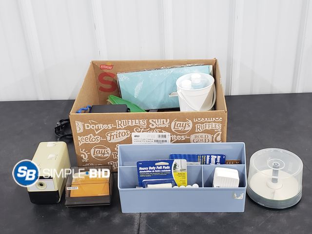 Lot 58-62107 - Box full of Various Office Supplies, rolodex, cd's, organizer, Pencil Sharpeners and More