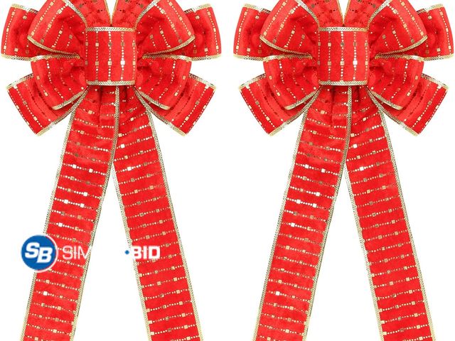Lot 58-72741 - CHISTMAS IN JULY! New 2PCS Red/Gold Velvet Christmas Bows with Gold Shiny Patches - 11"x19.6" Holida...