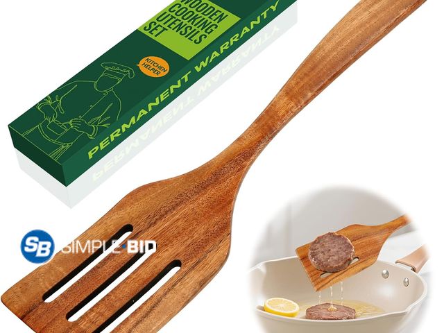 Lot 58-57771 - New Bkiok Wooden Slotted Spatula for Cooking, Handmade Teak Wood Spoon Kitchen Utensil Flat Frying S...