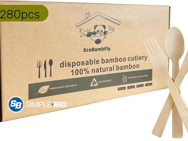 Lot 58-50755 - New EcoBambFly Disposable Bamboo Cutlery (140forks 70spoons 70 knives) Reusable 100% Compostable Bio...