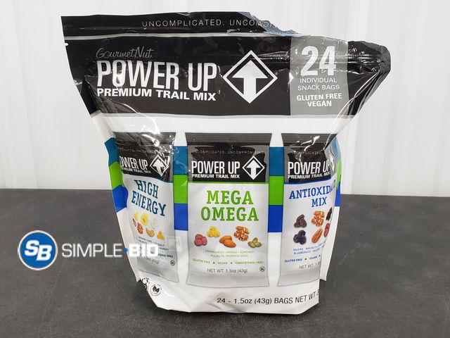 Lot 58-31003 - Gourmet Nut POWER UP premium Trail mix - 24 individual snack bags - unopened