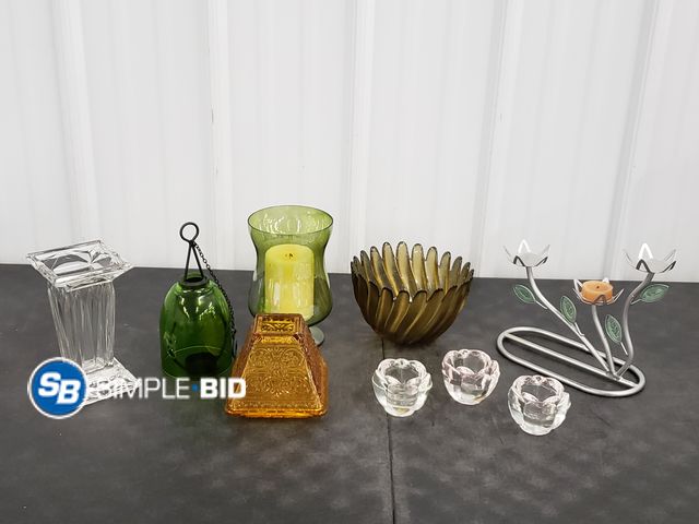 Lot 58-66403 - Lot of Glass Candle Holders, Candles, and more - various styles - used but in good condition