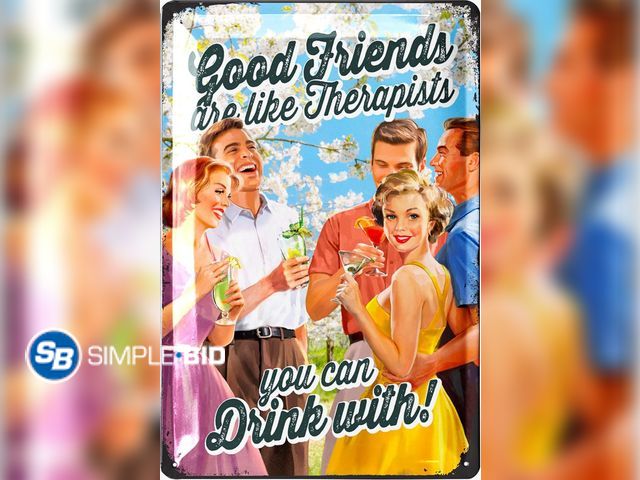 Lot 58-63036 - New Vintage Tin Sign - GROUP THERAPY -- GOOD friends are like Therapists.. you can DRINK with!  - Ba...