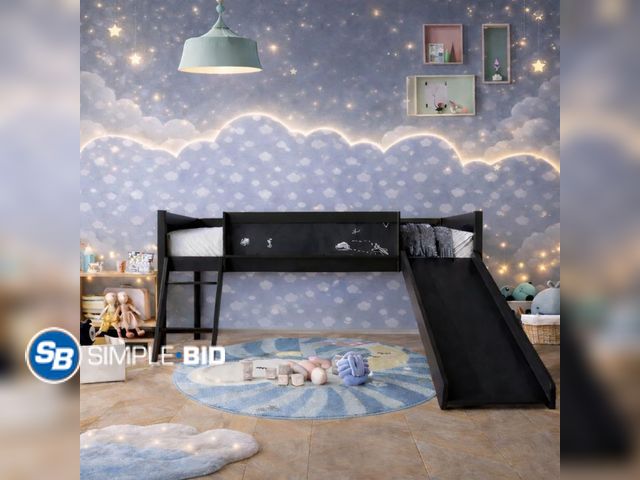 Lot 58-72015 - Low Loft Bed with Slide, Climbing Ladder, Chalkboard, Wood Twin Loft Bed Frame with Guardrail for Ki...