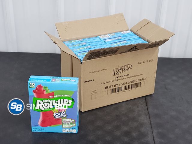 Lot 58-75010 - BOX Full of 10 Boxes of Fruit Roll-ups Jolly Rancher Watermelon Green apples - 10 rolls in each box ...