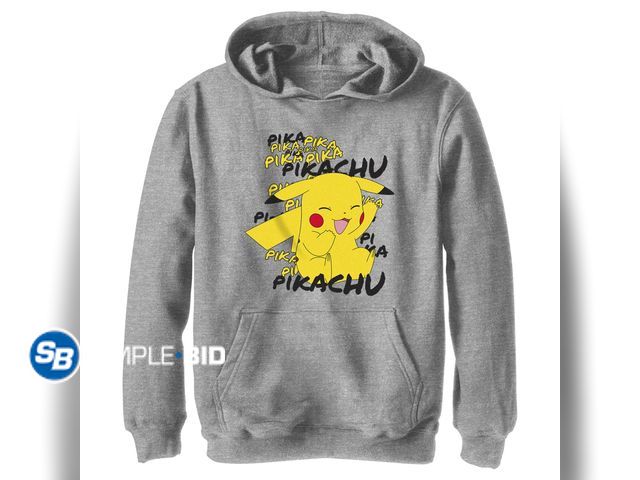 Lot 58-54813 - New Boy's Pokemon Pikachu laughing Pull Over Hoodie Athletic Heather Large