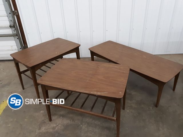 Lot 58-36601 - Lot of (3) Heavy Wood Tables - Matching Set of (2) Side Tables and (1) Coffee Table  - Used Some Scr...